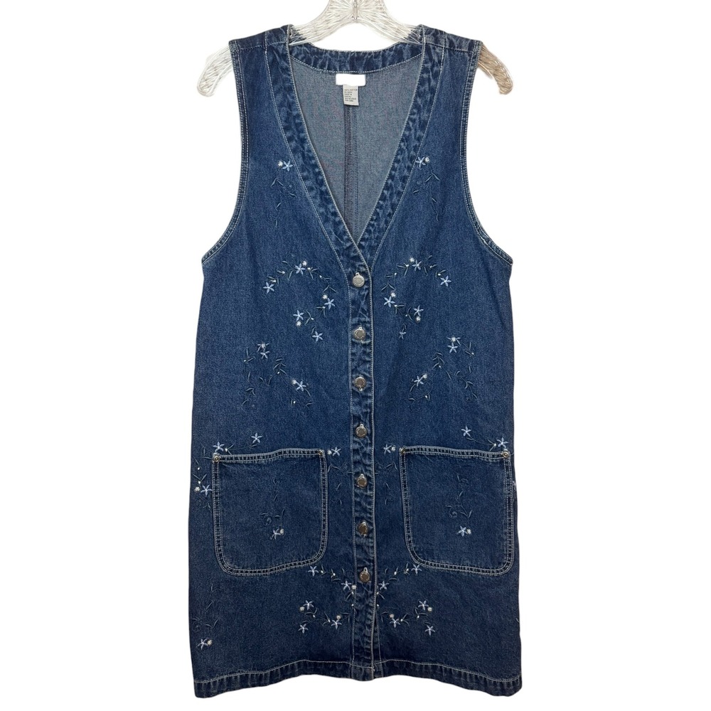 Vintage NorthWest Blue Floral Embroidered Denim Button Front Dress Blue Sz S/M - Picture 2 of 8